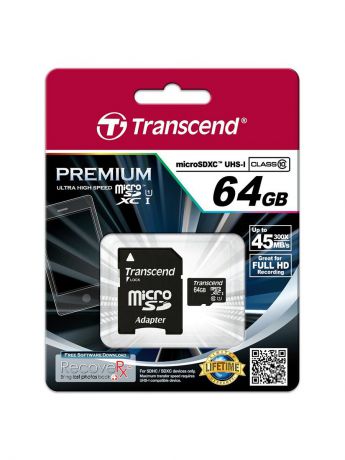 Карты памяти Transcend Флеш карта microSDXC TS64GUSDU1 64Gb Class10 + adapter