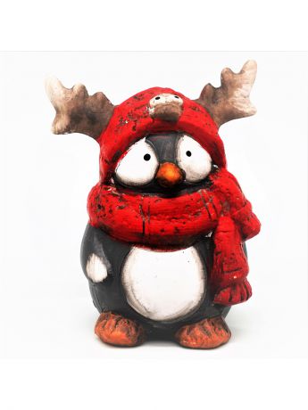 Фигурки Яркий Праздник Сувенир Пингвин рогатик в красном шарфе средний, керамика, 10,5х8х12,8см, арт.18055.
