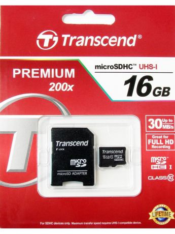 Карты памяти Transcend Флеш карта microSDHC 16Gb Class10 + adapter