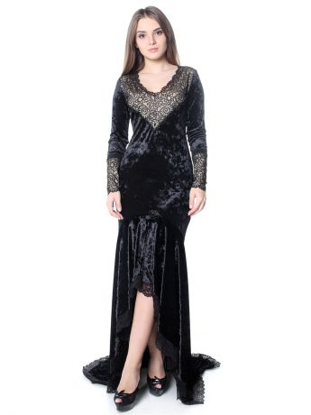 Платья SEANNA Платье "Катрин" удлиненное с кружевом из черного мраморного бархата
