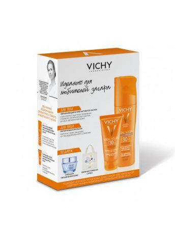 Косметические наборы для ухода VICHY Vichy, спрей активатор загараSPF30, 200мл+Мат. эмульсия SPF30,50мл+Пляжная сумка+АквалияТермаль15мл