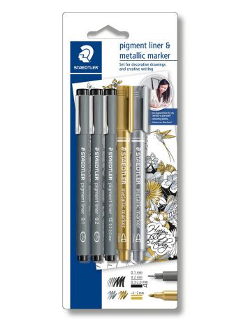 Ручки STAEDTLER Набор капиллярных ручек pigment liner 308, 3 штуки + 2 маркера, цвет черный, Staedtler