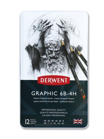 Карандаши Derwent Набор чернографитных карандашей Graphic Medium 12шт 6B-4H в метал.упак