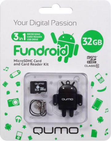 Карта памяти Qumo MicroSDHC 32 ГБ class 10 + USB картридер Fundroid для мобильных устройств (черный)