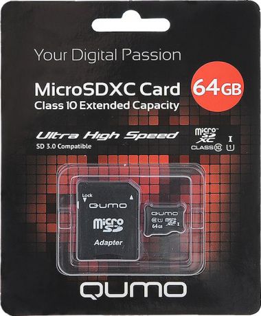 Карта памяти Qumo microSDXC 64GB class 10 UHS-I + адаптер SD