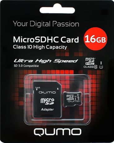 Карта памяти Qumo MicroSDHC 16GB class 10 UHS-I + адаптер SD
