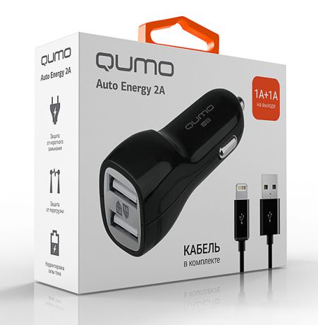 Автомобильное зарядное устройство Qumo Auto Energy 2A 2 USB 1A+1A + кабель Apple 8 pin