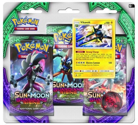 Коллекционная карточная игра Pokemon Sun & Moon Guardians Rising: Тройной блистер + Промо-карта Vikavolt + Монета