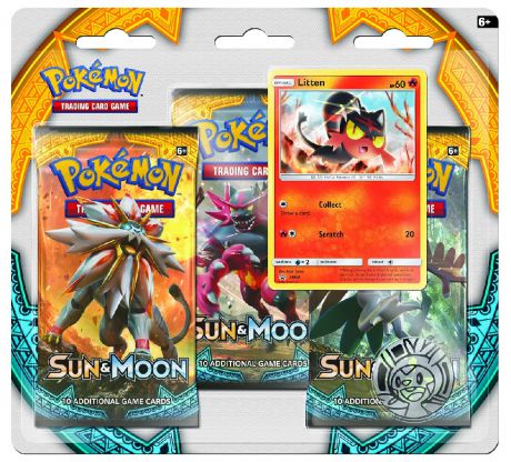 Коллекционная карточная игра Pokemon Sun & Moon: Тройной блистер + Промо-карта Litten + Монета