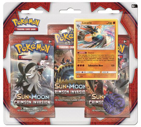 Коллекционная карточная игра Pokemon Sun & Moon Crimson Invasion: Тройной блистер + Промо-карта Lucario + Монета