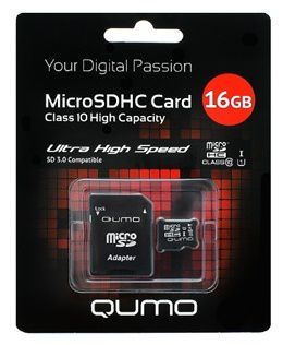Карта памяти Qumo microSDHC class 10 UHS-I U1 16GB + SD adapter