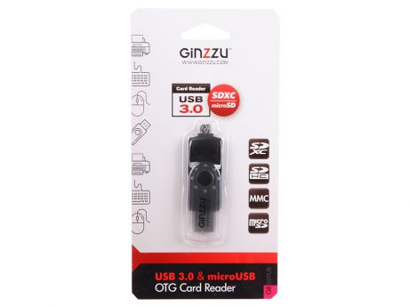 Картридер Ginzzu GR-589UB USB 3.0/micro USB  OTG переходник-картридер для компьютеров и смартфонов, поддержка форматов SD/SDXC/SDHC/MMC microSD/SDXC/S