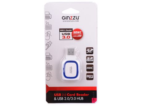 Картридер универсальный Ginzzu GR-514UB USB 2.0 , поддержка форматов SD/SDXC/SDHC/MMC microSD/SDXC/SDHS + концентратор: порт USB 3.0 +  порт USB 2.0,