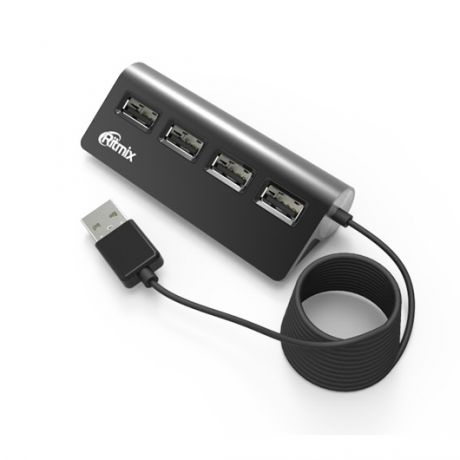 Концентратор USB Ritmix CR-2400 black, на 4 порта, кабель 1м, High speed USB 2.0, Plug-n-Play, скорость до 480 Мбит/с, черный, алюминиевый корпус