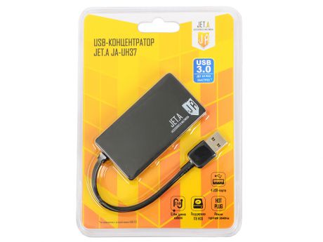 USB-концентратор Jet.A JA-UH37 на 4 порта USB 3.0, Hot Plug, ультракомпактный, чёрный