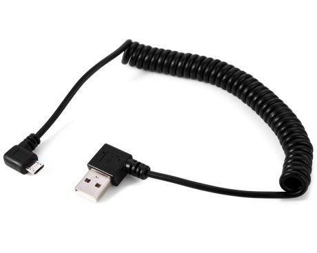 Кабель ORIENT MU-215T2 витой (спиральный) Micro USB 2.0, Am -> micro-Bm (5pin) угловой, правый поворот 90град, 1.5 м, черный