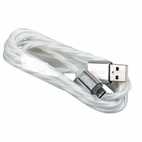 Кабель USB-microUSB Ritmix RCC-312 White, силиконовая оплетка, металлические коннекторы, 1м, 2А, зарядка и синхронизация