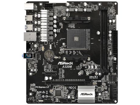 Материнская плата ASRock A320M (SAM4, AMD A320, 2*DDR4, PCI-E16x, SATAIII+RAID, M.2, GB Lan, USB3.0, mATX, Retail)