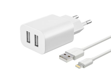 Сетевое зарядное устройство Deppa 2 USB 2.1А, дата-кабель 8-pin для Apple, белый, Ultra, 11306