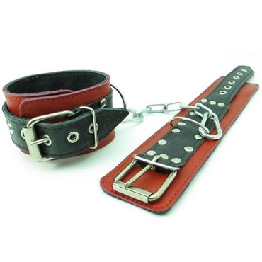 BDSM Арсенал кожаные наручники, красно-черные На регулируемых ремешках