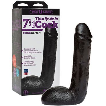 Doc Johnson Vac-U-Lock Thin Realistic Cock 19 см, черная Реалистичная насадка фаллоимитатор