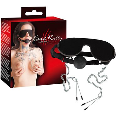 Bad Kitty Mask with Ball Gag and Nipple Clamps, черная Маска с кляпом и зажимами