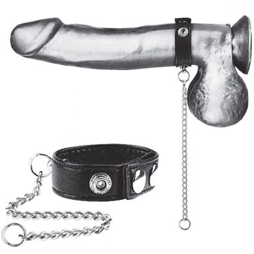 Blue Line Snap Cock Ring With Leash, черное Кольцо на пенис из экокожи с поводком из металла