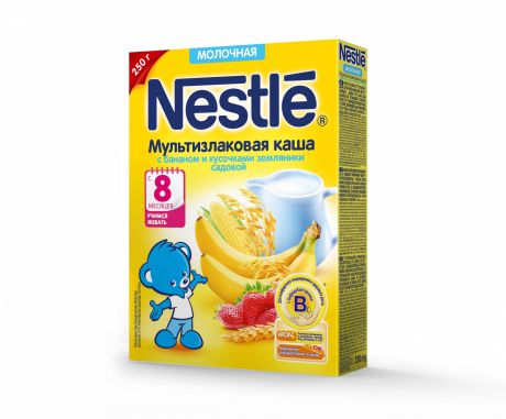 Nestle Каша молочная мультизлаковая с бананом и кусочками земляники с 8 месяцев, 250 г