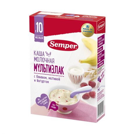 Semper Молочная каша Мультизлак с бананом, малиной и йогуртом, с 10 мес.