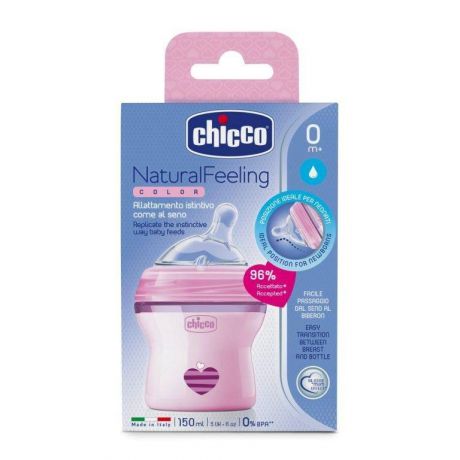 Chicco Бутылочка Natural Feeling,0мес.+,сил.соска с наклоном и флексорами,150мл.,