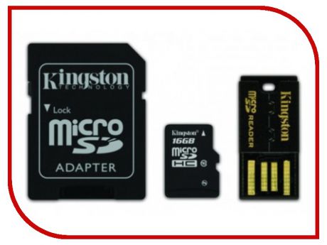 Карта памяти 16Gb - Kingston Kit - Micro Secure Digital HC Class 10 MBLY10G2/16GB c карт-ридером + переходник под SD