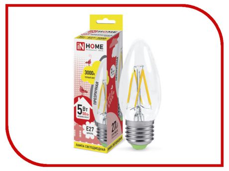 Лампочка IN HOME LED-СВЕЧА-deco 5W 230V E27 3000K 450Lm Clear 4690612007588