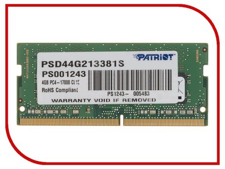 Модуль памяти Patriot Memory DDR4 SO-DIMM 2133MHz PC4-17000 CL15 Single Rank - 4Gb PSD44G213381S