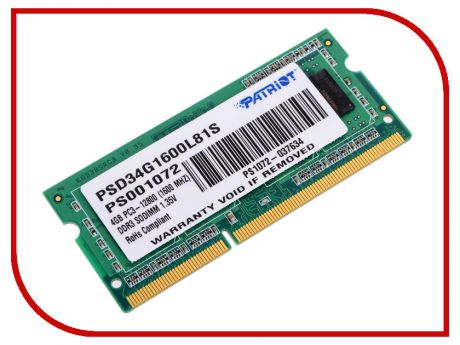Модуль памяти Patriot Memory DDR3 SO-DIMM 1600Mhz PC3-12800 CL11 - 4Gb PSD34G1600L81S