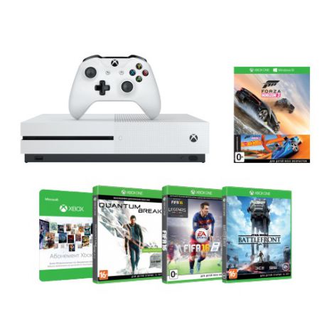 Игровая консоль Microsoft Xbox One S 500 ГБ (ZQ9-00212) + Forza Horizon 3 + DLC + Quantum Break + FIFA 16 + Battlefront