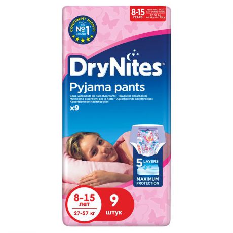 Трусики-подгузники Huggies DryNites 8-15 лет для девочек (27-57 кг), 9 шт