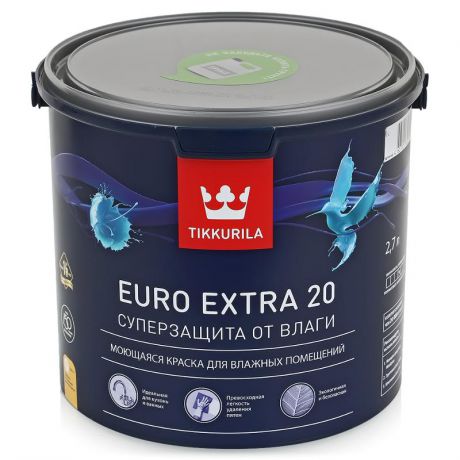 Краска в/д Tikkurila Euro Extra 20 для влажных помещений, полуматовая, основа A 2,7л