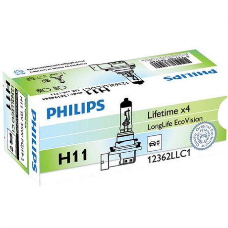Лампа галогенная Philips H11 12V-55W (PGJ19-2) (увелич. срок службы) LongLife EcoVision, 12362LLECOC1
