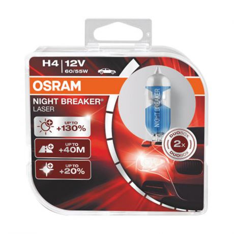 Лампа галогенная Osram H4 12V- 60/55W (P43t) (+130% света) Night Breaker Laser (2шт) DuoBox, 64193NBL-HCB