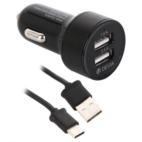 Автомобильное зарядное устройство Devia Dual USB Port 2.4А, кабель USB-С, 2 USB, черный