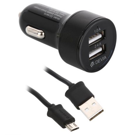 Автомобильное зарядное устройство Devia Dual USB Port 2.4А, кабель micro USB, 2 USB, черный