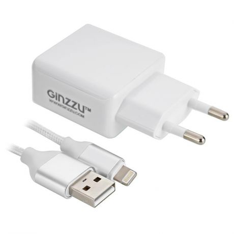 Сетевое зарядное устройство Ginzzu, 3.1A, 2 USB, с кабелем Lightning, нейлоновая оплётка, белый