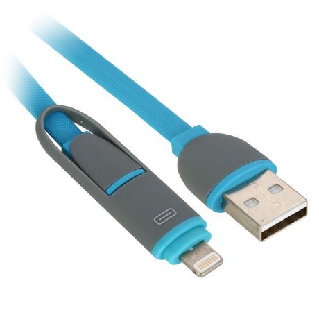 Кабель Defender 2 в 1, Lightning + micro USB, 1 м, плоский, синий