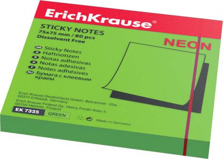 Бумага для заметок с клеевым краем, Erich Krause, 75*75, неоновая, зеленая