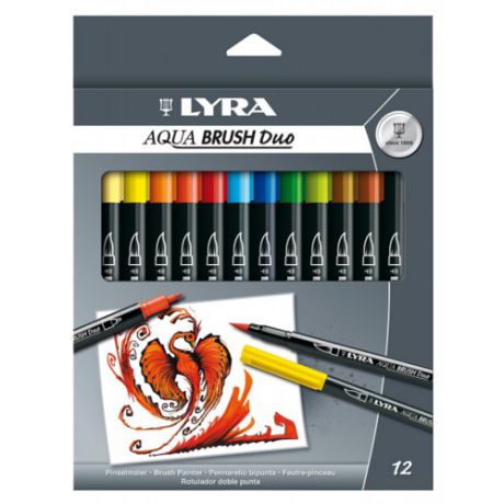 Фломастеры, LYRA Aqua Brush Duo, 12 цветов, двойные, с эффектом рисунка кистью, в картонной коробке