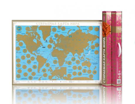 Скретч-карта мира Подарочная красная А2, 59х42см, в шестигранном, картонном тубусе с ручкой