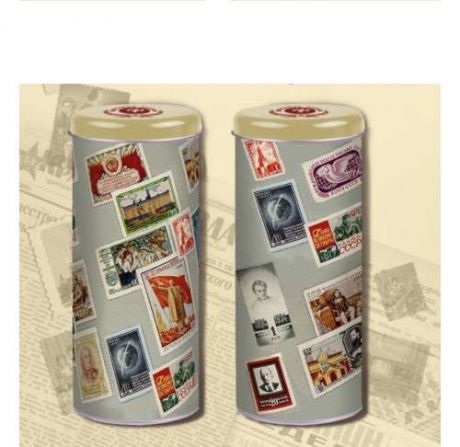 Сувенир, Феникс, Емкость для сыпучих продуктов, "Почтовые марки" 7,8*17,8см, окрашенный металл