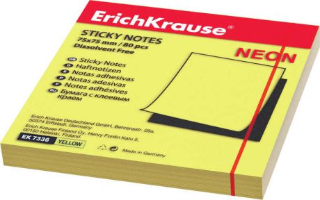 Бумага для заметок с клеевым краем, Erich Krause, 75*75, неоновая, желтая