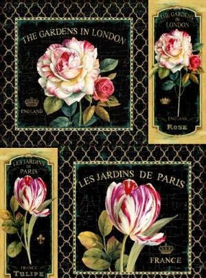 Набор для творчества Рисовая карта для декупажа Розы и тюльпаны на черном фоне 21*29см