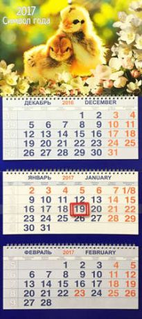 Календарь, Каро, Трио на 2017г СГ Два цыплёнка в цветах 310*870мм 3-х блочный на спирали